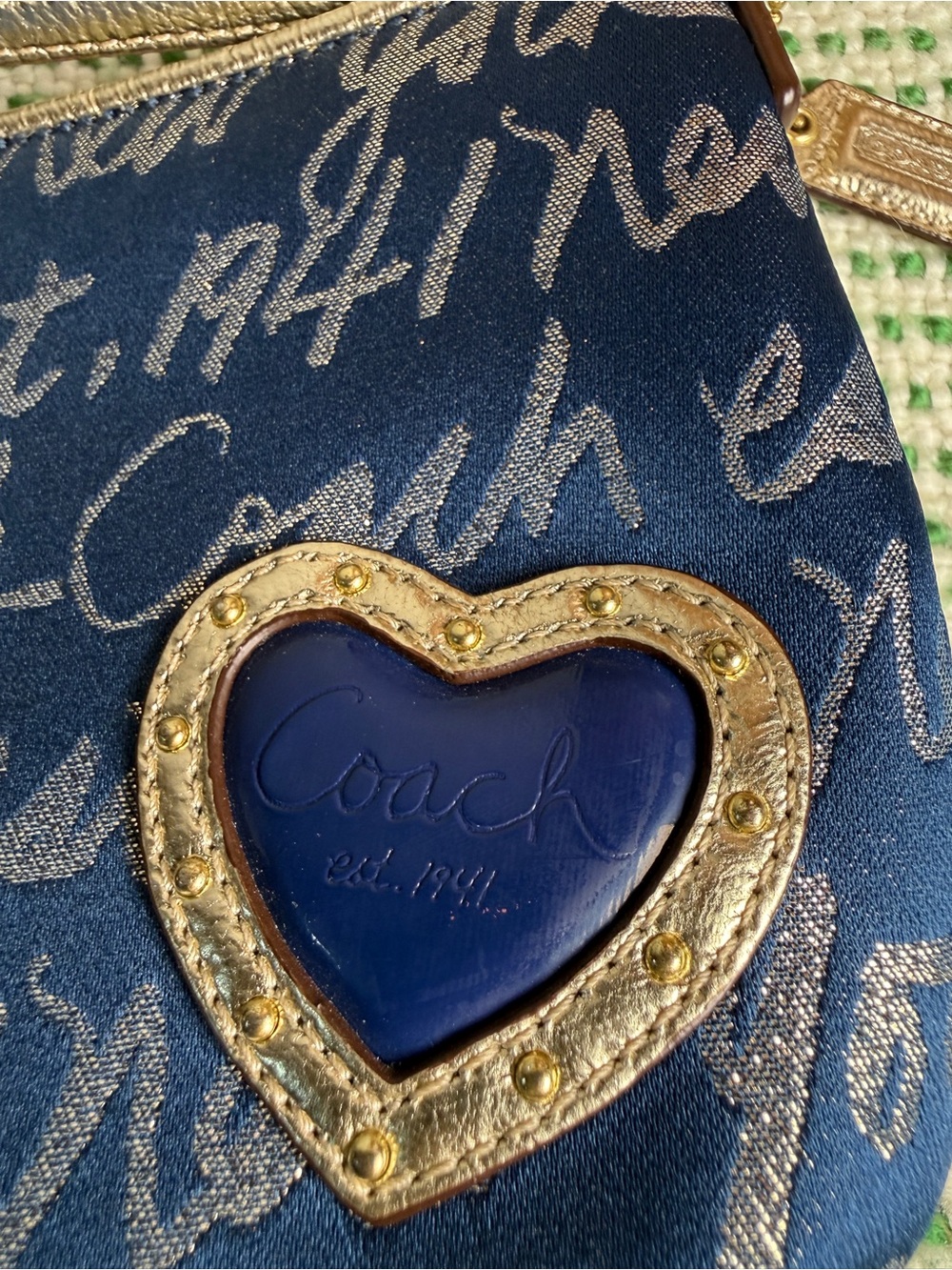 Coach Navy Blue Heart Patch Shoulder Bag with Gold Stud Trim